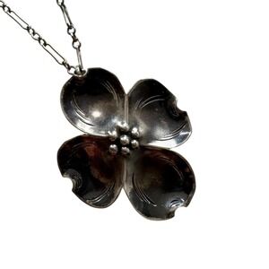 Vintage Sterling Silver Dogwood Flower Pendant Necklace Paperclip Chain 925